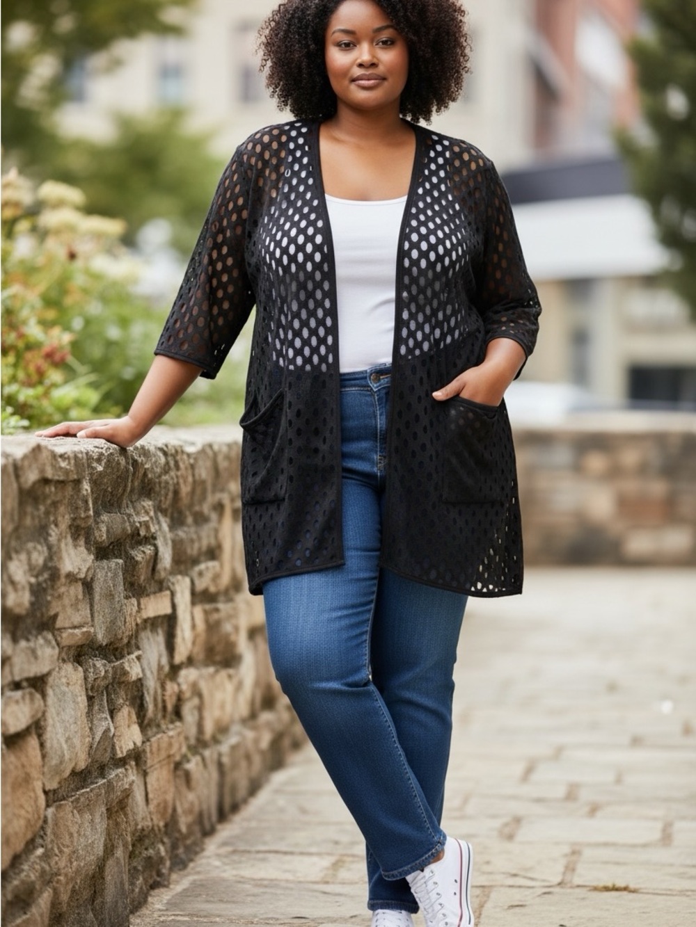 Black Openwork Pocket Cardigan - Women's Sweater